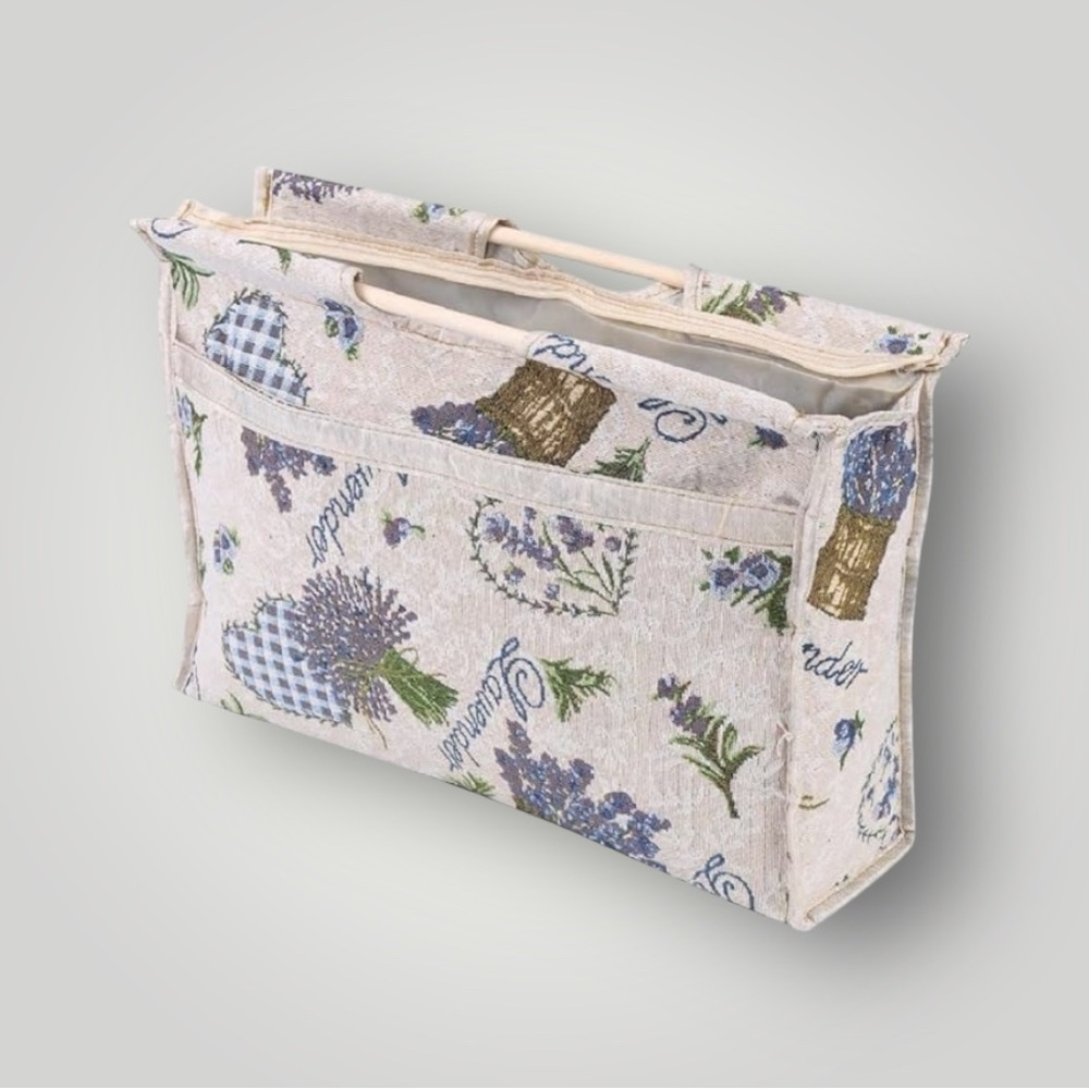 Woven Fabric Yarn‎ Tote Project Organizer Portable Wood Handles Zip Closure